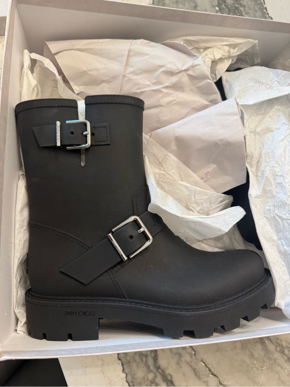 NEW never worn Jimmy Choo Black Buckle Lug Sole Rain Boots